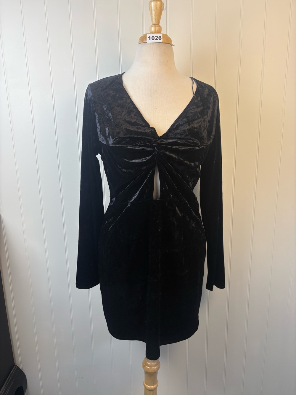 Black Velvet Mini Dress Twist Front Cutout Long Sleeve Party Y2K L